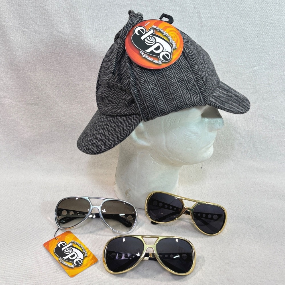 Elope Costume Set Sherlock Holmes Deerstalker Hat & 3 Pairs Rockstar Sunglasses